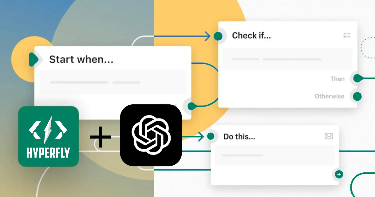 A workflow diagram: start when something happens, check a condition, then do this, with Hyperfly and an AI model working together.